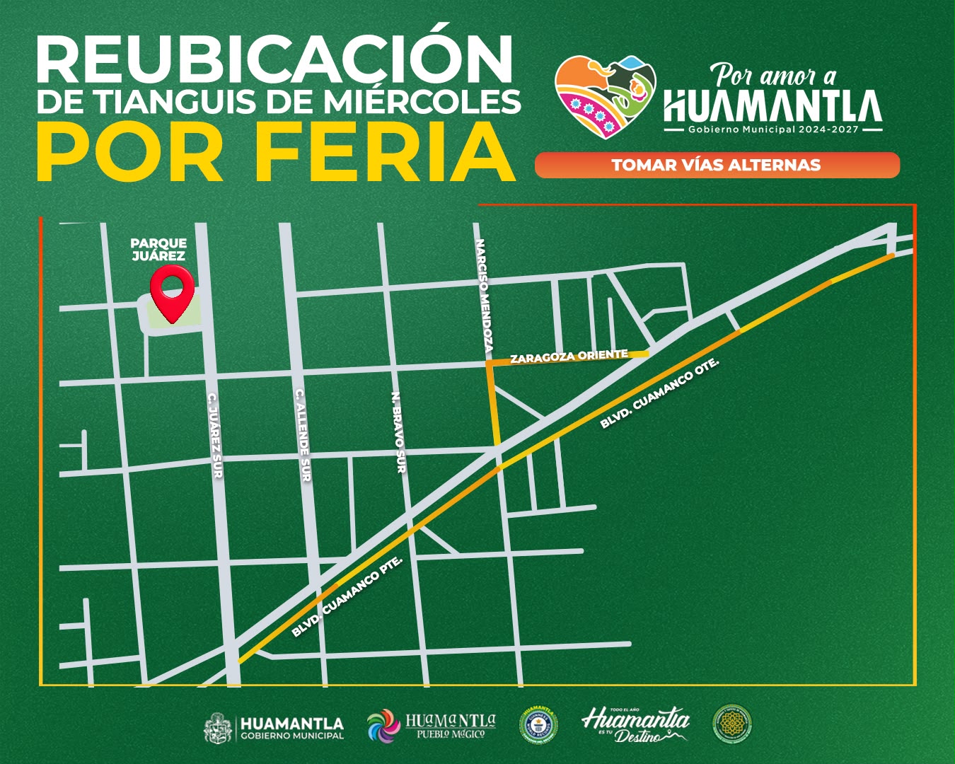 RECUERDA: ESTE MIÉRCOLES EL TIANGUIS SE UBICARÁ TEMPORALMENTE EN EL BULEVAR CUAMANCO