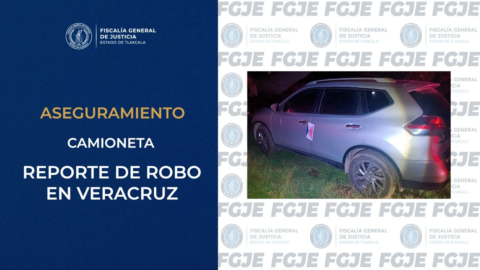 FGJE ASEGURA CAMIONETA CON REPORTE DE ROBO DURANTE CATEO EN TEXOLOC