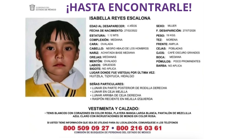 ¡AYUDA URGENTE! BUSCAN A ISABELLA, NIÑA DE 4 AÑOS DESAPARECIDA EN HIDALGO