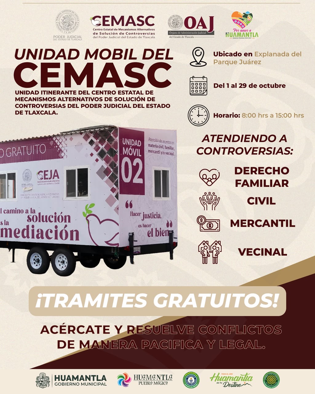 UNIDAD MÓVIL DE JUSTICIA ALTERNATIVA BRINDARÁ SERVICIO GRATUITO EN HUAMANTLA