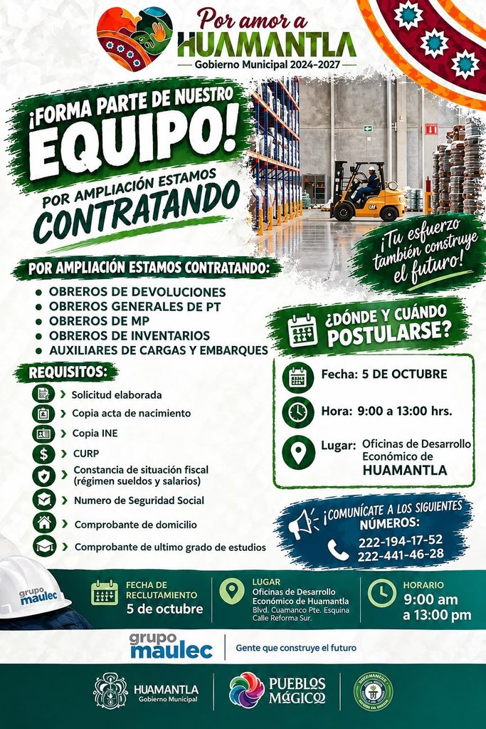¡OPORTUNIDAD LABORAL EN HUAMANTLA!