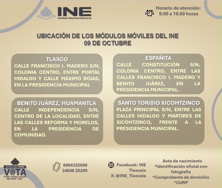 INE ACERCARÁ SU MÓDULO MÓVIL A HUAMANTLA ESTE 9 DE OCTUBRE