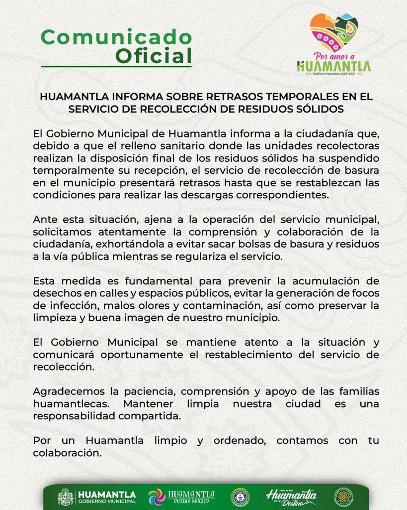 COMUNICADO OFICIAL – HUAMANTLA INFORMA SOBRE RETRASOS TEMPORALES EN EL SERVICIO DE RECOLECCIÓN DE RESIDUOS SÓLIDOS