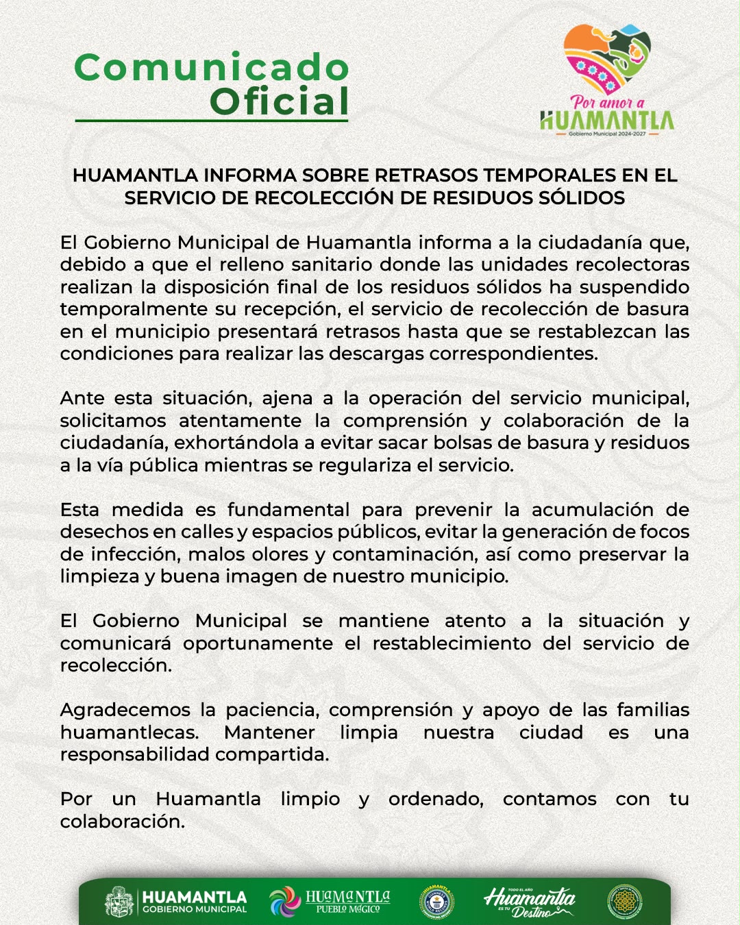 COMUNICADO OFICIAL – HUAMANTLA INFORMA SOBRE RETRASOS TEMPORALES EN EL SERVICIO DE RECOLECCIÓN DE RESIDUOS SÓLIDOS