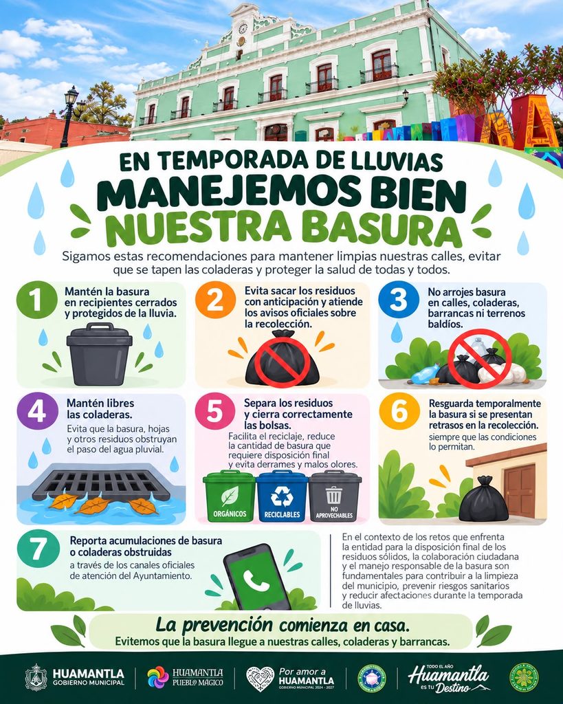 HUAMANTLA EMITE RECOMENDACIONES PARA EL MANEJO DE RESIDUOS DURANTE LA TEMPORADA DE LLUVIAS