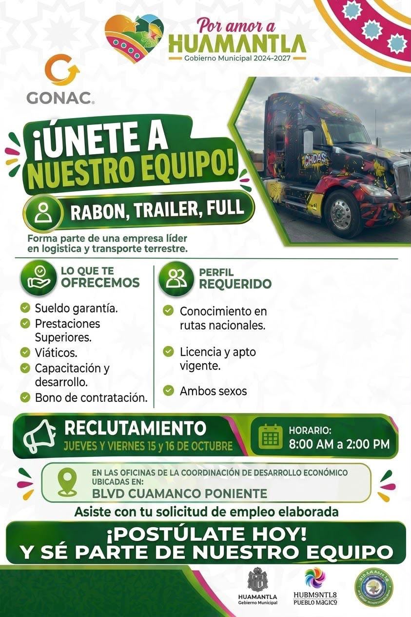GOBIERNO MUNICIPAL DE HUAMANTLA INVITA A PARTICIPAR EN JORNADA DE RECLUTAMIENTO DE GONAC