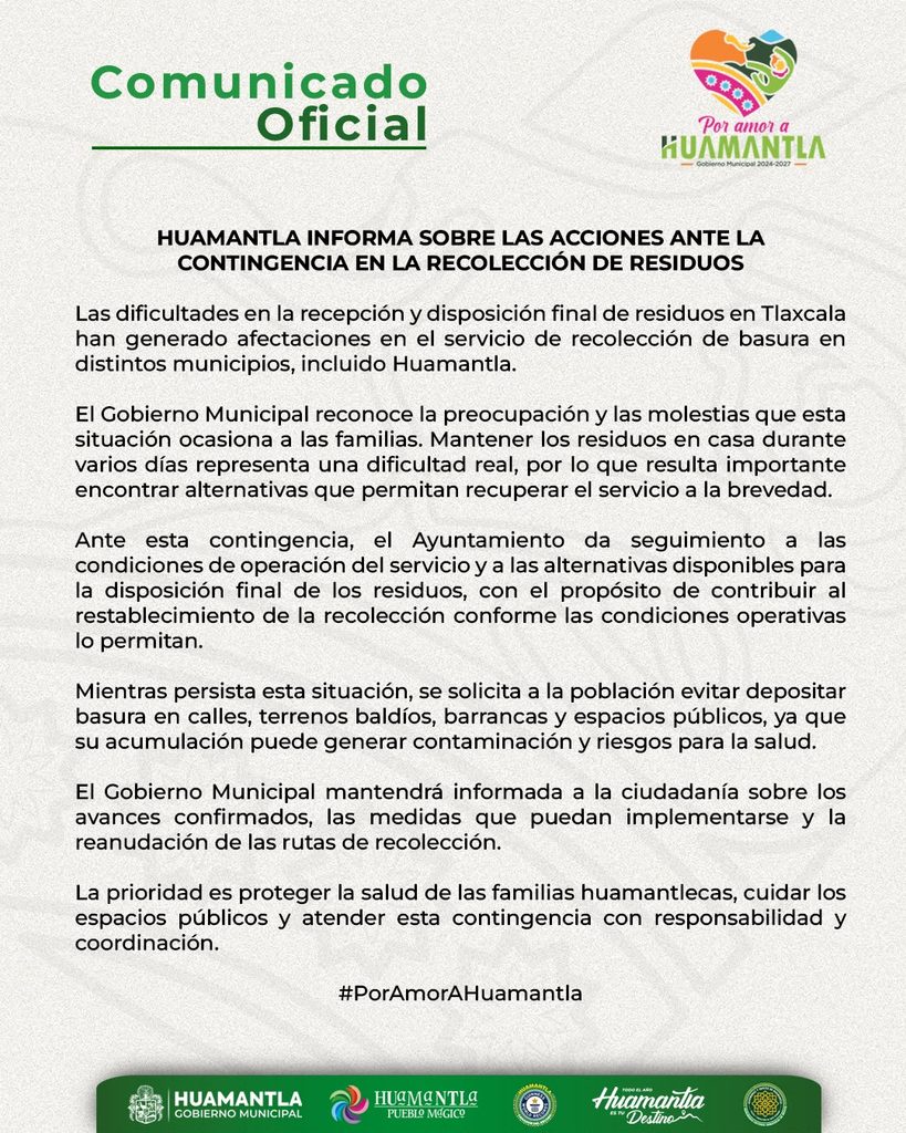 HUAMANTLA INFORMA SOBRE LAS ACCIONES ANTE LA CONTINGENCIA EN LA RECOLECCIÓN DE RESIDUOS